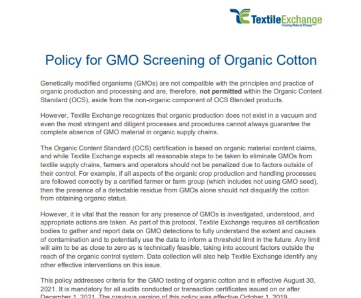 OCS-103 Policy for GMO Screening of Organic Cotton