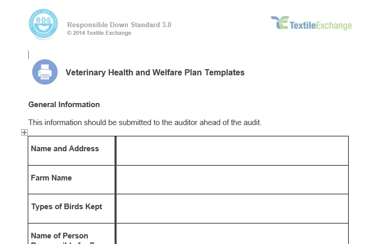 RDS-204 Veterinary Health and Welfare Plan Templates