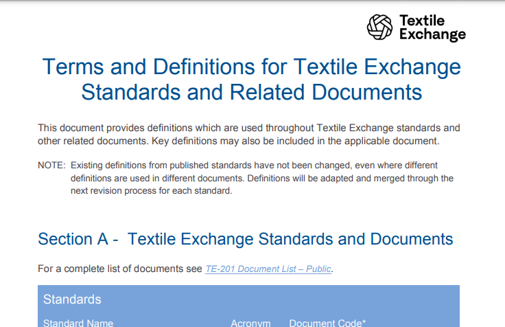 TE-101 Terms and Definitions for Textile Exchange Standards and Related Documents