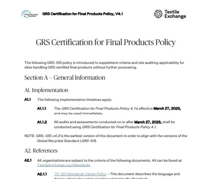 GRS-105 Certification for Final Products Policy