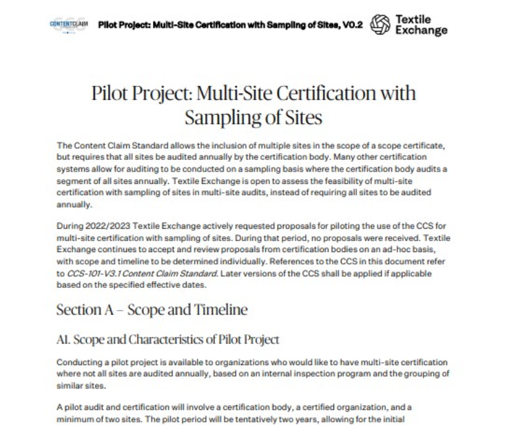 CCS-107 Pilot Project: Multi-Site Certification with Sampling of Sites