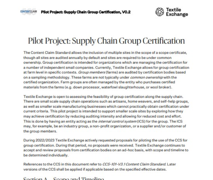 CCS-106 Pilot Project: Supply Chain Group Certification