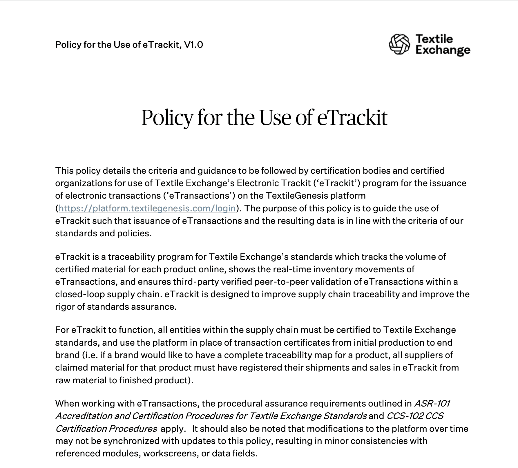 ASR-113 Policy for the use of eTrackit