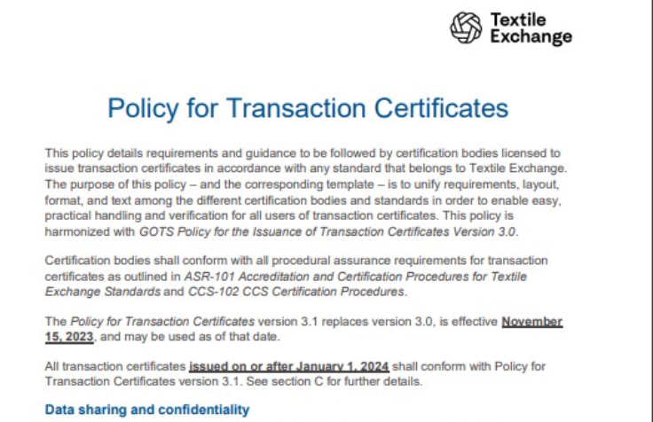 ASR-104 Policy for Transaction Certificates