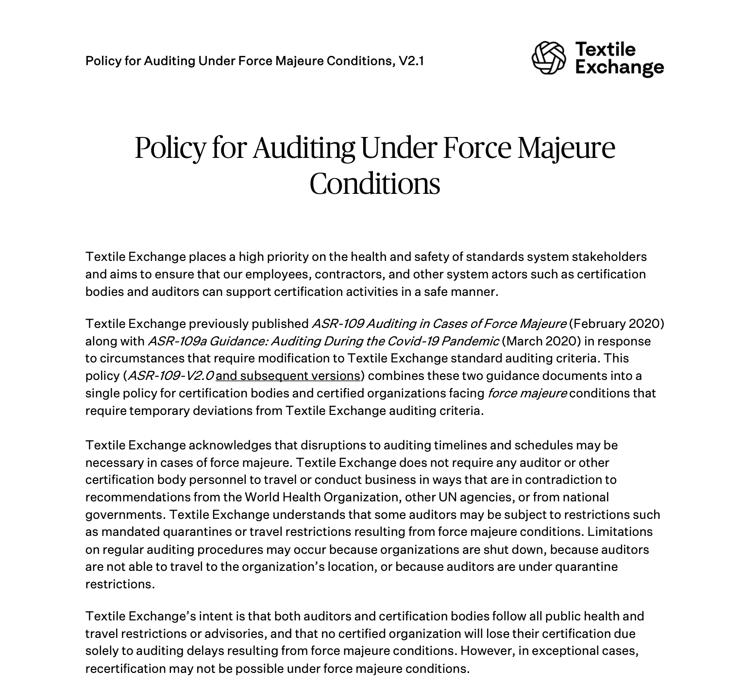 ASR-109 Policy for Auditing Under Force Majeure Conditions