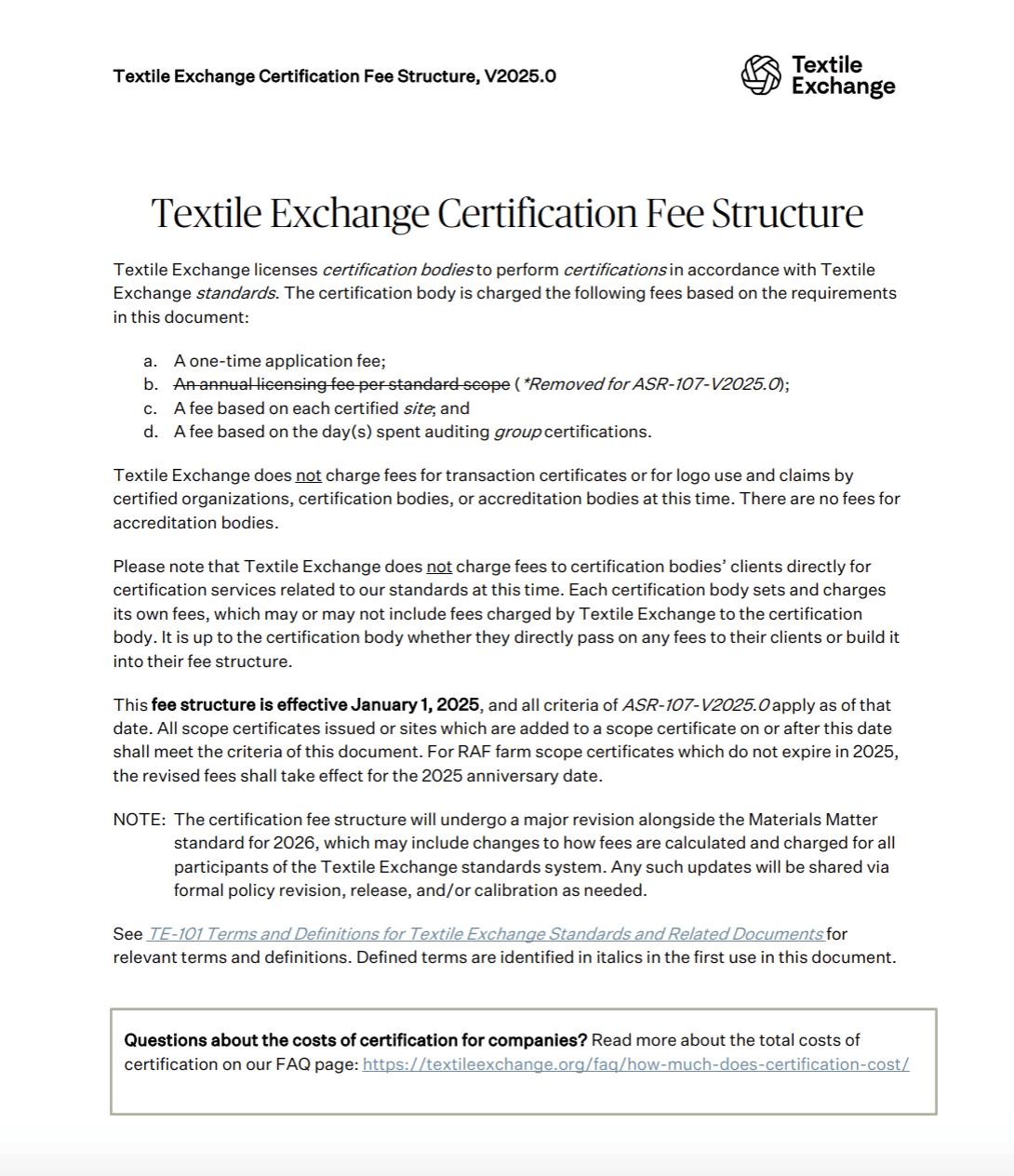 ASR-107 Certification Fee Structure