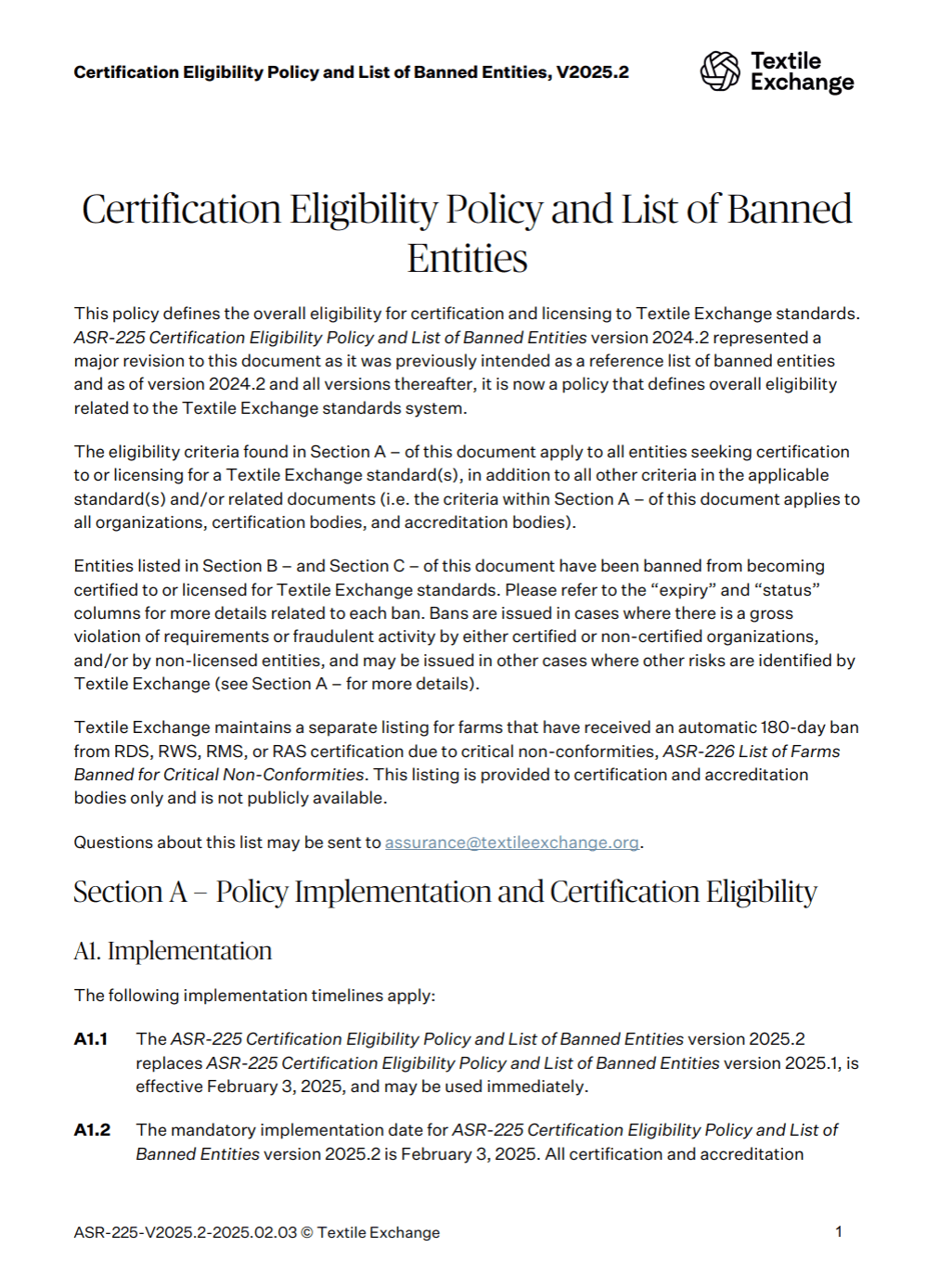 ASR-225 Certification Eligibility Policy and List of Banned Entities